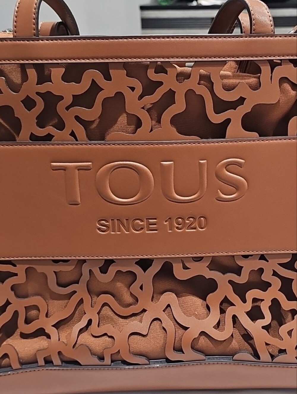 TOUS Cognac Brown Laser-Cut Leather Tote Large